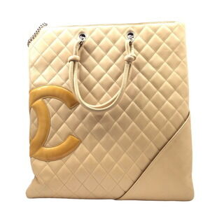 CHANEL Cambon Line Tote Bag Beige Soft Calfskin CC Coco Handbag Leather Shopping